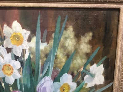 Lot 376 - Anatoli Nikolaevich Nikolsky (b. 1934) oil on canvas - Still life of daffodils, signed and dated 1956, 51 x 41cm, framed