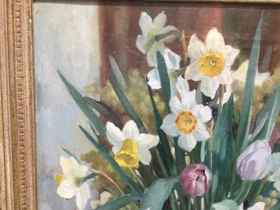 Lot 376 - Anatoli Nikolaevich Nikolsky (b. 1934) oil on canvas - Still life of daffodils, signed and dated 1956, 51 x 41cm, framed