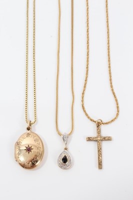 Lot 279 - Three 9ct gold necklaces with 9 ct gold crucifix, locket and blue stone pendant - 22.5 grams