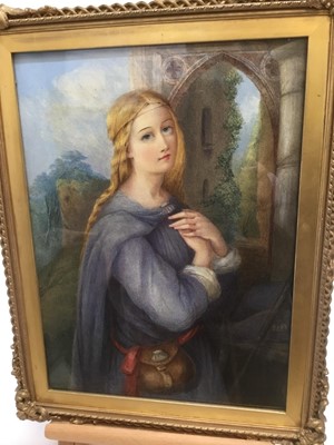 Lot 378 - Pre-Raphaelite style watercolour, Woman before a ruined abbey, apparently unsigned, 37 x 27cm, glazed frame