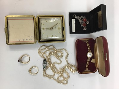 Lot 303 - Ladies 'Regency' 9ct gold wristwatch on 9ct gold bracelet, travel alarm clock, simulated pearl necklace, brooch and two gilt metal dress ring