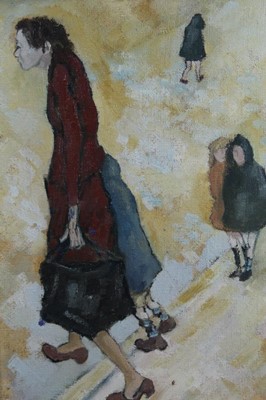 Lot 435 - English School, 20th century oil on board figures in a street