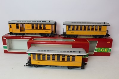 Lot 1455 - Railway LGB carriages 3083, 3080 x 2 all boxed.