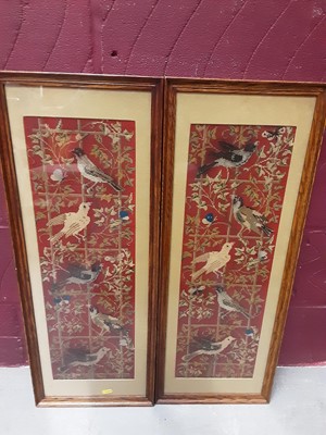 Lot 7 - Pair of tapestries depicting birds in glazed oak frames