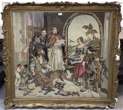 Lot 300 - Large 19th century Berlin woolwork tapestry, depicting interior scene of figures and game, in glazed gilt frame, total size 127 x 115cm