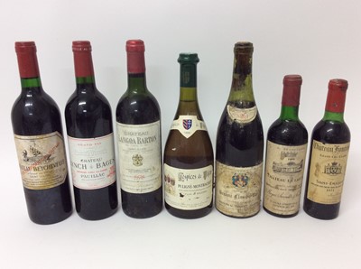 Lot 134 - Wine - seven bottles, Chateau Lynch Bages 1998, Chateau Langoa Barton 1978, Chateau Beychevelle 1987, Beaune Clos du Roi 1961, Puligny-Montrachet 1993 , Chateau Fonroque Saint-Emilion 1971 (1/2 bot...