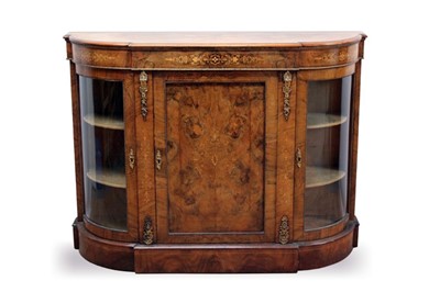 Lot 669 - Victorian burr walnut and marquetry inlaid bowfront credenza