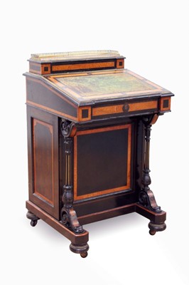 Lot 716 - Victorian aesthetic period ebonised and amboyna inlaid piano-top davenport desk