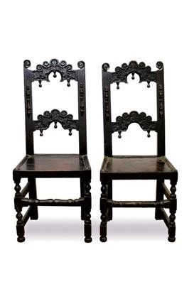 Lot 681 - Rare pair of Charles II oak Derbyshire back stools