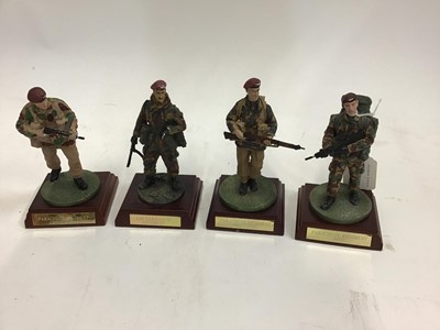 Lot 1525 - Metal Military model figures on wooden bases with Chinook and Hercules Aircraft.