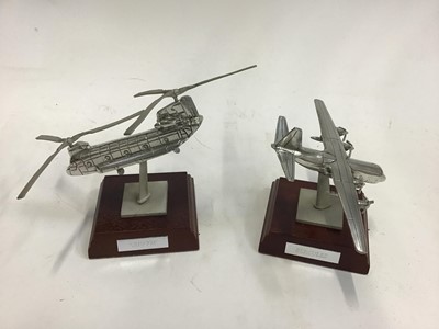 Lot 1525 - Metal Military model figures on wooden bases with Chinook and Hercules Aircraft.