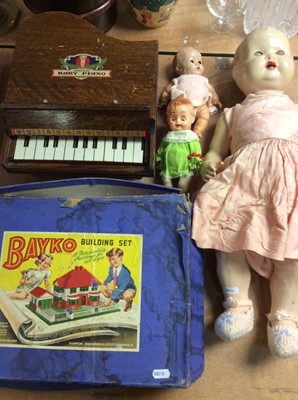 Lot 430 - Children’s Grand Baby Piano, Bayko building set in box, vintage British composite doll and two other vintage dolls