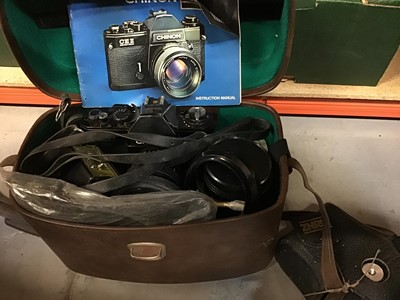 Lot 542 - Chinon CEII camera in leather case plus other lenses, cameras and pair of binoculars