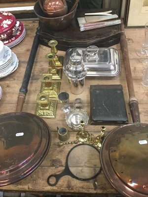 Lot 61 - Two copper warming pans together with Military prints, brass candlesticks, entree dish, and other plated ware