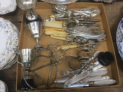 Lot 69 - Silver plated muffin dish, plated entree dish, and other silver plated ware to include cutlery