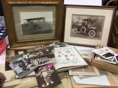 Lot 36 - Good group of Victorian ephemera, photograph depicting a chauffeur and a Napier, album of crests and monograms, 18th century hand-done book of musical scores, postcards and other items