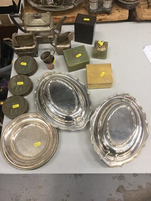 Lot 80 - Silver plated three piece teaset together with a pair of silver plated entree dishes, alabaster trinket boxes and sundries