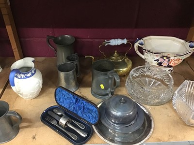 Lot 566 - Pewter tankards, plated christening set, china and glassware