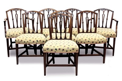 Lot 764 - Set of eight Regency mahogany dining chairs, each with pierced vertical splat back and floral patterned stuffover seat on square tapered legs and stretchers