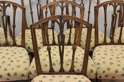 Lot 764 - Set of eight Regency mahogany dining chairs, each with pierced vertical splat back and floral patterned stuffover seat on square tapered legs and stretchers