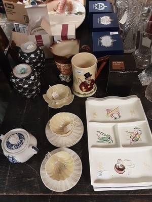 Lot 186 - Lot of decorative china including Belleek teaware, Royal Doulton character jug - Old Charley, Crown Devon Fieldings John Peel tankard, Royal Crown Derby commemorative mugs etc