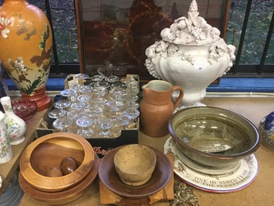 Lot 92 - Group of turned wood dishes together with glassware and some ceramics