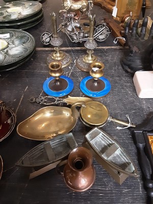 Lot 191 - Brass and copper spirit kettle on stand, and other metalwork