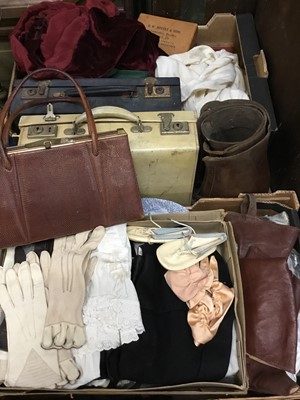 Lot 129 - Collection of vintage textiles and luggage to include vanity cases, furs, leather garters, gloves, handbags and other items