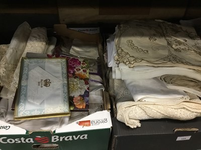 Lot 125 - Three boxes of vintage lace and linen to include tablecloths, napkins etc
