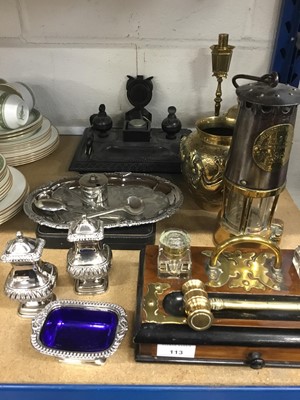 Lot 113 - Edwardian walnut and brass inkstand, vintage miners lamp, pair of Japanese vases and other items