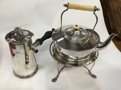 Lot 111 - Edwardian silver plated spirit kettle on stand with ivory handle and knop, together with a silver plated coffee pot