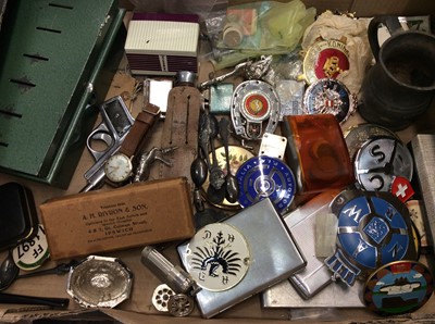 Lot 468 - Various coins and banknotes, car badges, cigarette cases, lighters, Rolex souvenir spoons, vintage wristwatches and sundries