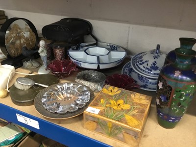 Lot 106 - Mixed group of items to include a pair of cloisonné vases, oriental cork model, Crown Derby paperweight and other decorative pieces