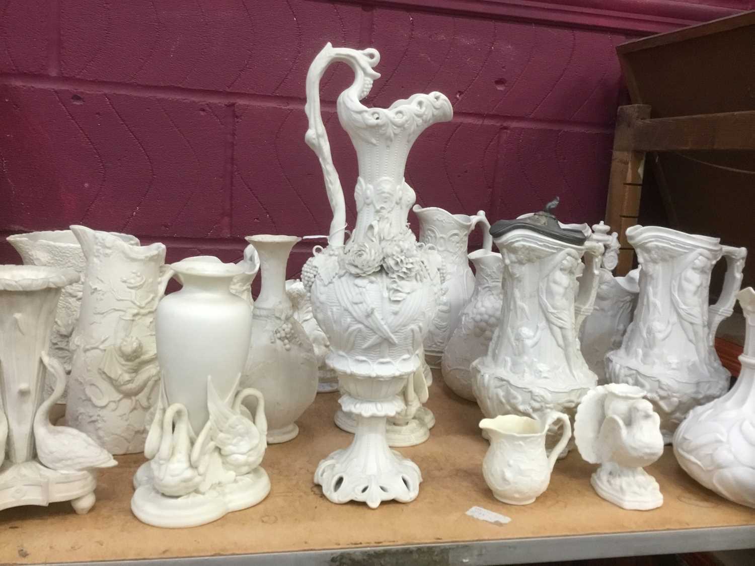 Lot 499 - Good collection of Victorian white glazed Parian ware jugs