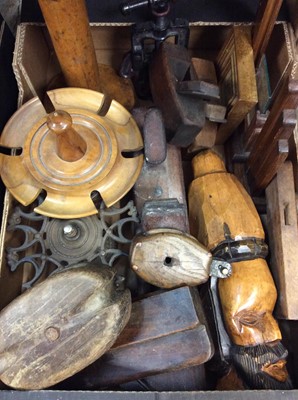 Lot 473 - Box treen items including wooden sailing blocks, wood planes and collection coloured glass lanterns