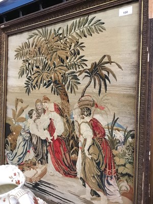 Lot 100 - Late 19th/early 20th century needlework panel depicting the discovery of Moses, in gilt frame