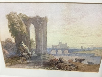 Lot 195 - Follower of John Varley, watercolour, cattle beside a ruined abbey, 23 x 29cm, together with an 18th century English watercolour of figure in a boat, both in glazed frames. (2)