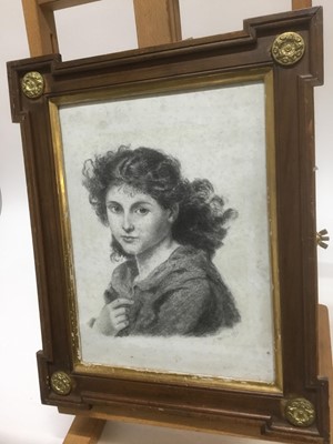 Lot 214 - Victorian charcoal portrait of a young woman, indistinctly signed R Schaeffer (?) and dated 8/2/92, 30 x 22cm in good quality glazed wooden kit-kat style frame