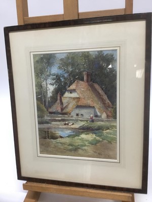 Lot 238 - English school, early 20th century, watercolour, figure feeding chickens before a cottage, inscribed to original label verso, Wartling, Sussex, Margaret Eyre Walker, Updene, Woking, 29 x 22cm, glaz...
