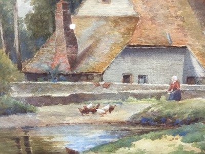 Lot 61 - English school, early 20th century, watercolour, figure feeding chickens before a cottage, inscribed to original label verso, Wartling, Sussex, Margaret Eyre Walker, Updene, Woking, 29 x 22cm, glaz...