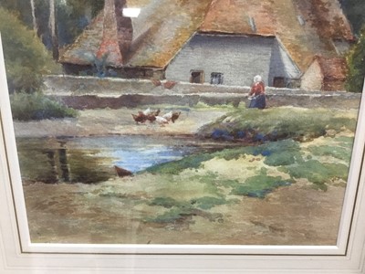 Lot 61 - English school, early 20th century, watercolour, figure feeding chickens before a cottage, inscribed to original label verso, Wartling, Sussex, Margaret Eyre Walker, Updene, Woking, 29 x 22cm, glaz...