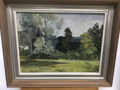 Lot 212 - Gwen Walbourn oil on board, The Black Barn, inscribed to label verso, 23 x 31cm, framed, together with another by the same hand. (2)