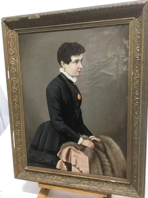 Lot 205 - 19th century Continental school, oil on canvas, half length portrait of a woman in black dress with locket, 58 x 44cm, framed