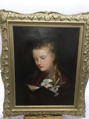 Lot 204 - English School, 19th century, oil on canvas, portrait of a girl with lilies, titled to original label verso, 59 x 44cm, gilt frame