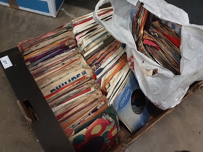 Lot 277 - Box of 7 inch single records and three LP's including The Beatles Yellow Submarine