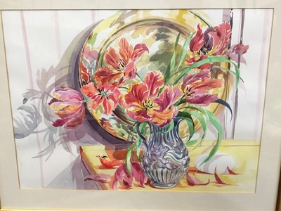Lot 161 - Elizabeth Jane Lloyd (1928-1995) watercolour - Still Life with Guavas and Blue Iris, together with another, Lustre Bowl and Red Tulips, both in glazed frames