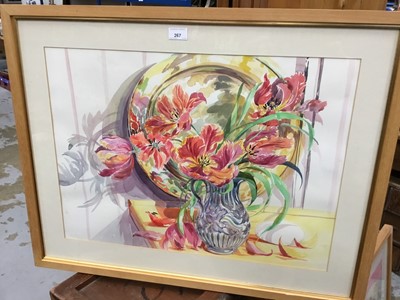 Lot 161 - Elizabeth Jane Lloyd (1928-1995) watercolour - Still Life with Guavas and Blue Iris, together with another, Lustre Bowl and Red Tulips, both in glazed frames