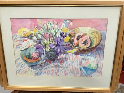 Lot 161 - Elizabeth Jane Lloyd (1928-1995) watercolour - Still Life with Guavas and Blue Iris, together with another, Lustre Bowl and Red Tulips, both in glazed frames