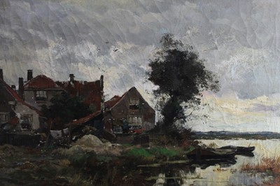 Lot 185 - Post impressionist school, oil on canvas, backs of houses beside a river, indistinctly signed