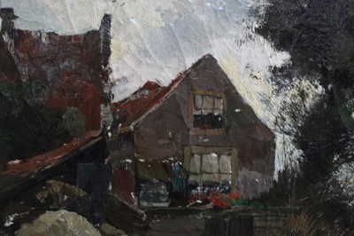 Lot 185 - Post impressionist school, oil on canvas, backs of houses beside a river, indistinctly signed